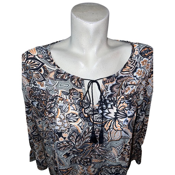 Zac & Rachel Womens Tunic Blouse XL Black Orange Floral Print Tie Neck 3/4 Slv - Picture 2 of 7
